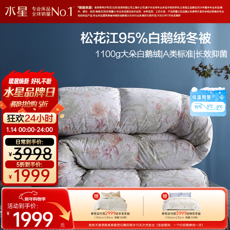 水星家纺羽绒被95%白鹅绒被子冬季加厚冬被芯双人羽绒被220cm×240cm-1100g
