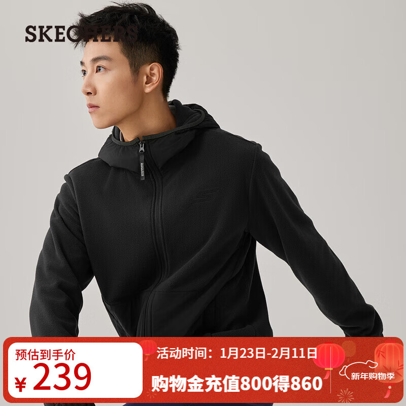 斯凯奇（Skechers）秋季男女同款加绒保温夹克针织连帽外套P425U021 碳黑/0018 M