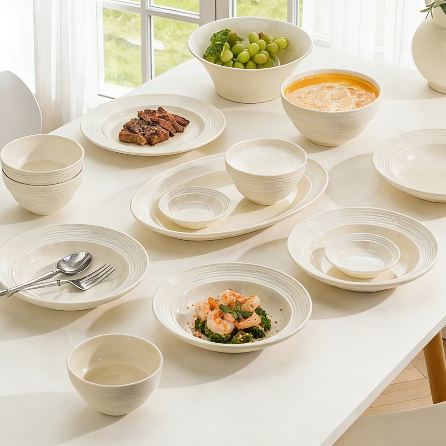 精缔陶瓷JINGDI2026新款釉下彩奶油风碗家用碗碟套装陶瓷碗盘筷餐具套装颜值乔迁 【店长推荐】奶油螺纹-10人食54件套美拉德 【送砂锅】