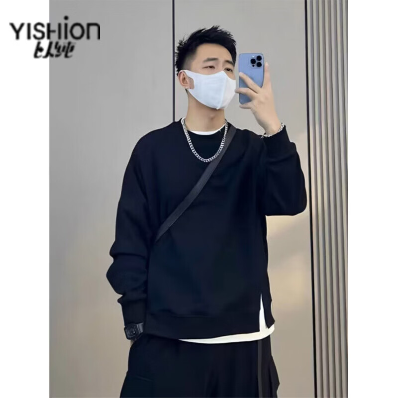 以纯（YISHion）黑色日系假两件卫衣男款春秋季潮牌感圆领长袖恤内搭 旗舰官方黑色 L