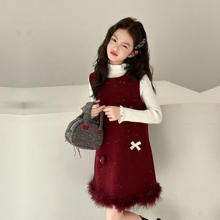 甜贝星女童红色连衣裙秋冬季2025新款女孩拜年服儿童超好看加绒裙子套装 黑色套装 170