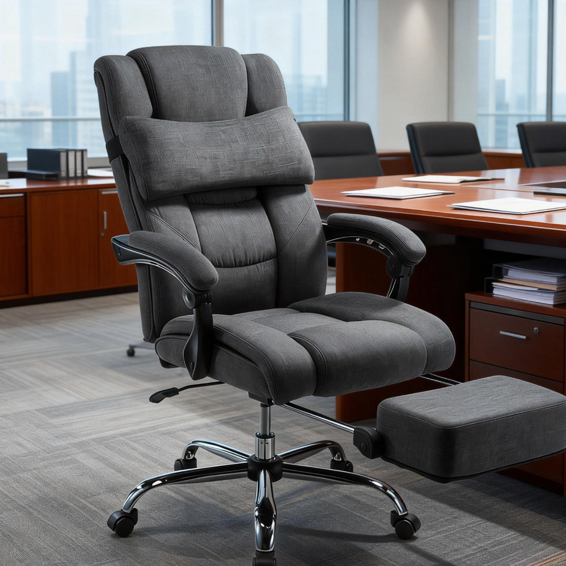 山业家用办公可躺午休人体工学电脑椅老板椅沙发椅座椅带脚踏久坐不累 【带脚踏腰枕】【后仰160°】【柔软布艺】SNC121 棉麻 155-180度(含) 联动扶手 有脚托