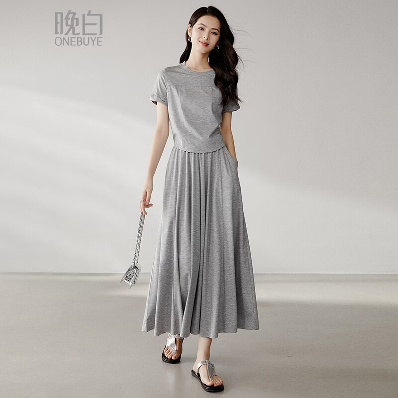 晚白【新品】2026年春款休闲时尚套裙亲肤柔软舒适日常通勤套装 浅灰色 XL