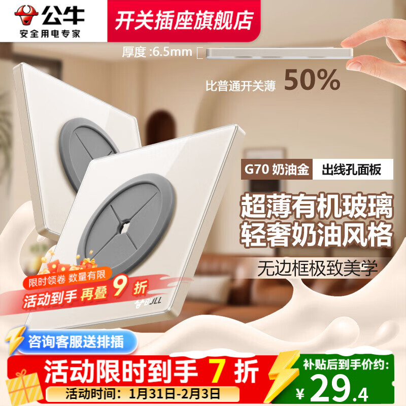 公牛（BULL）复古开关G70奶油金拨杆5孔插座肤感可可蛋奶超薄轻奢有机玻璃面板 出线孔面板 配件类