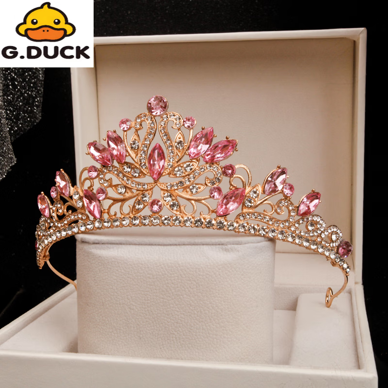 G.duck儿童皇冠女童生日头饰公主高端大气粉色水晶王冠发箍女孩演出发饰 粉色皇冠
