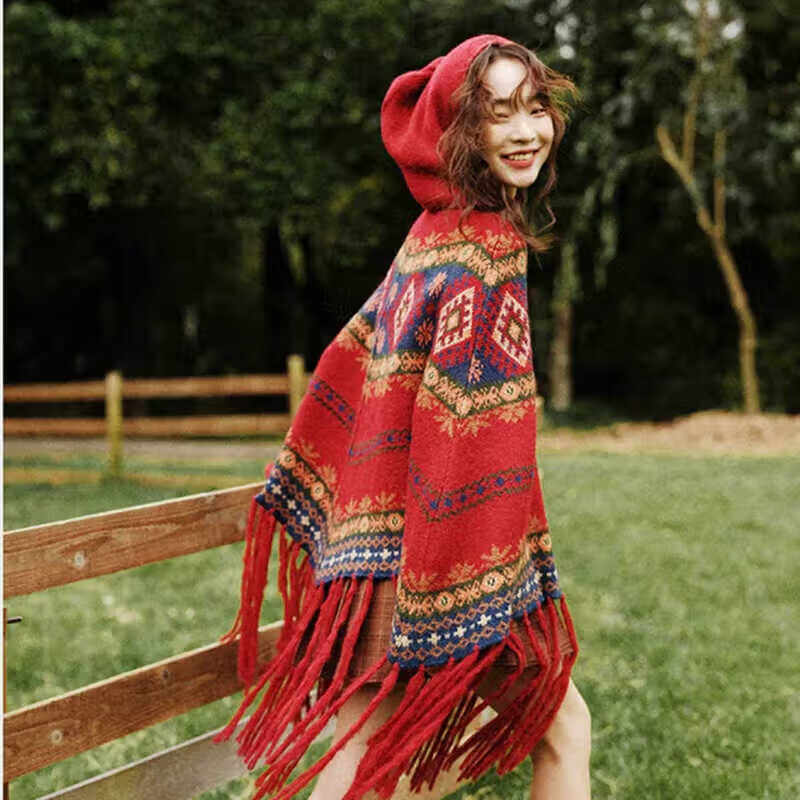 芭麦图藏族斗篷 民族风红色复古保暖披肩女云南西藏旅游拍照套头连帽流 红色