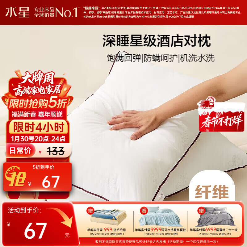 水星家纺枕头枕芯酒店枕头护颈枕头芯家用一对纯棉抗菌可水洗中枕48x74cm