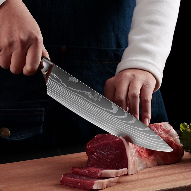 胖东来同款大马士革纹三德刀家用锋利菜刀激光纹厨师切肉刀日式料 酒红色 60°以上 x 20cm x 13.5cm