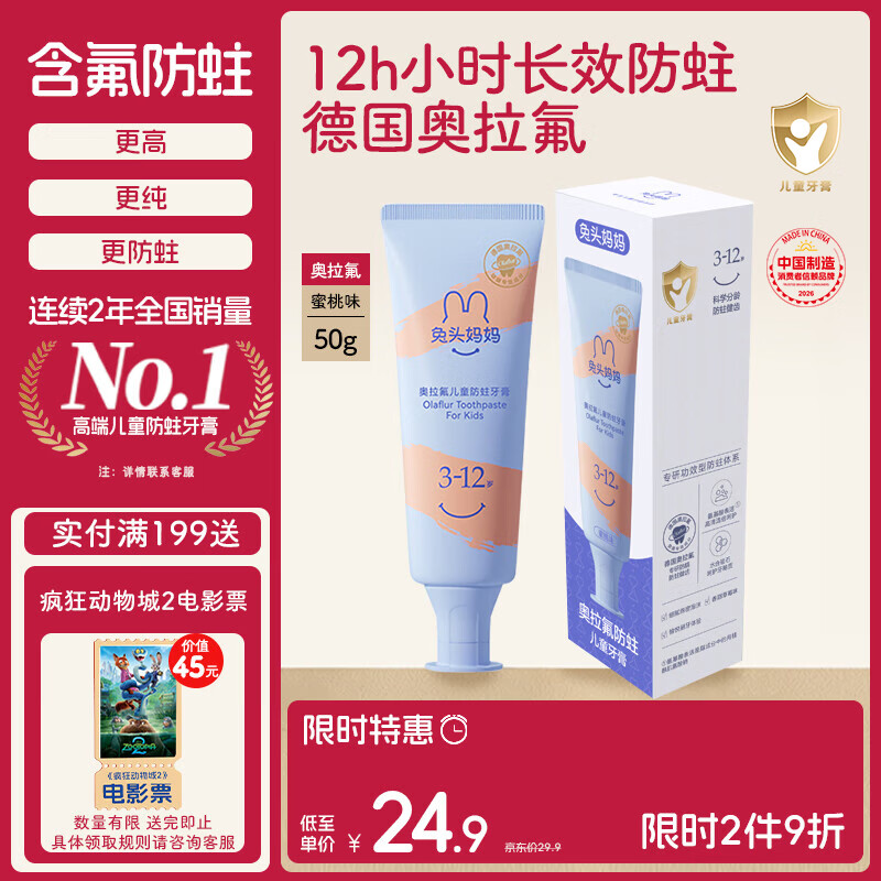兔头妈妈儿童牙膏3-12岁含氟防蛀奥拉氟牙膏蜜桃味固齿果味不辣口50g哪吒