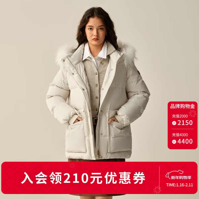 ELAND衣恋羽绒服女时尚毛领长袖大口袋保暖外套2025冬季新款 象牙白/白色(39)Ivory S /160