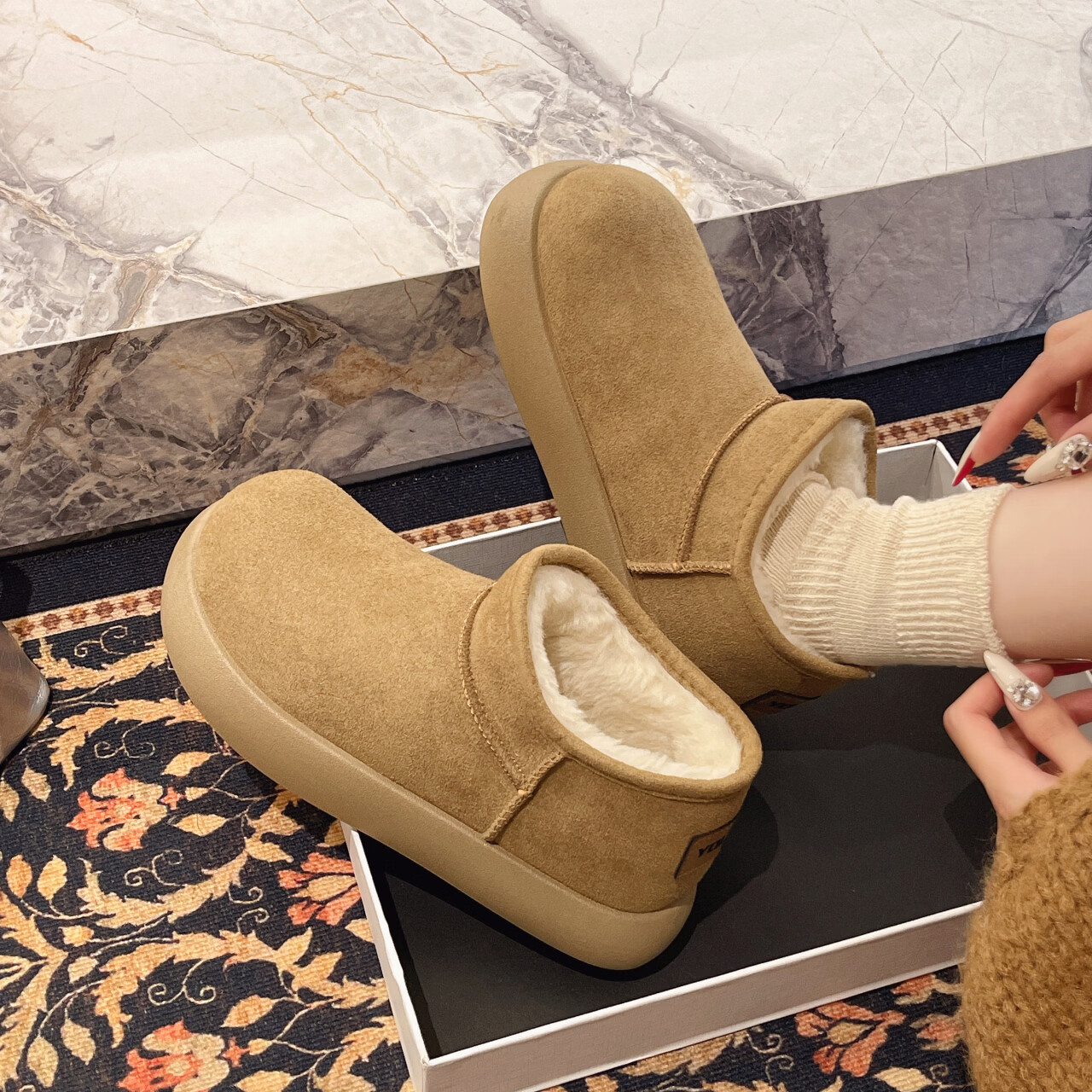 云醍桃语特卖冬季新款加绒保暖短筒雪地靴时尚百搭显高显瘦洋气减龄勃肯鞋 卡其色 加绒 37