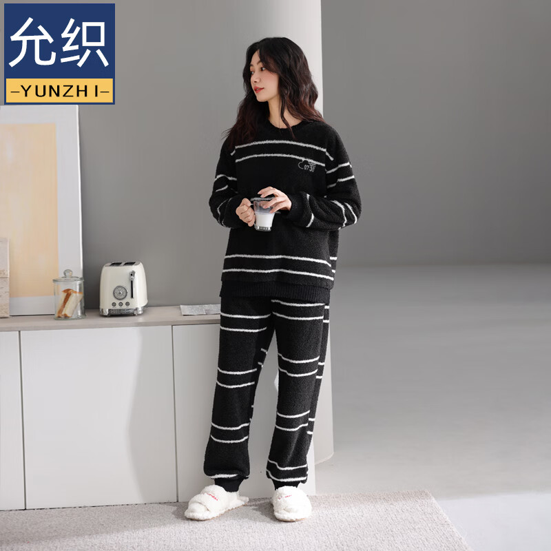 允织睡衣女士冬季半边绒加绒加厚套头女款高级感可外穿女款家居服套装 82807-午夜黑 M (160) ：建议90-110斤穿着