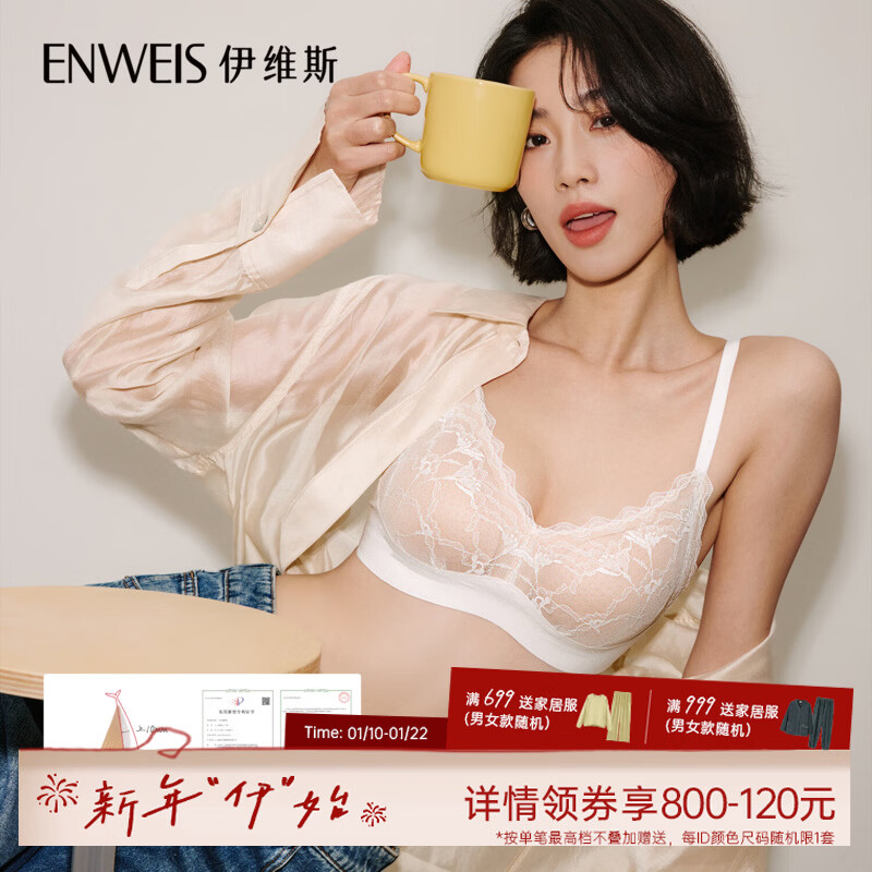 伊维斯【小花镜】伊维斯内衣女小胸聚拢海豚杯 无钢圈固定杯蕾丝文胸 珍珠白 L /165（适合：80ABC,75D）