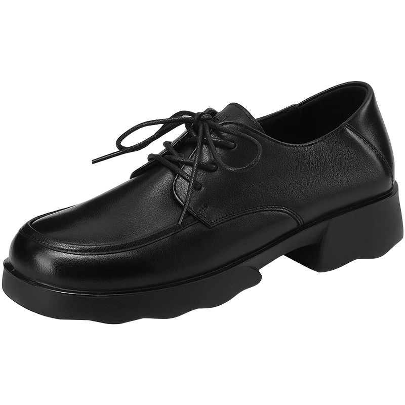 木林森女鞋百搭樂福鞋系帶單鞋氣質(zhì)低跟媽媽鞋通勤軟底小皮鞋 黑色 37