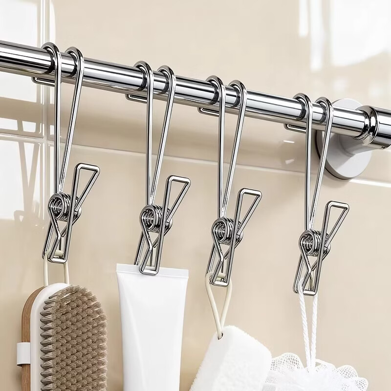 加度 不锈钢夹子挂钩晾衣夹浴室长尾夹晾晒夹家用多功能厨房挂钩夹 带钩不锈钢夹子【12个装】