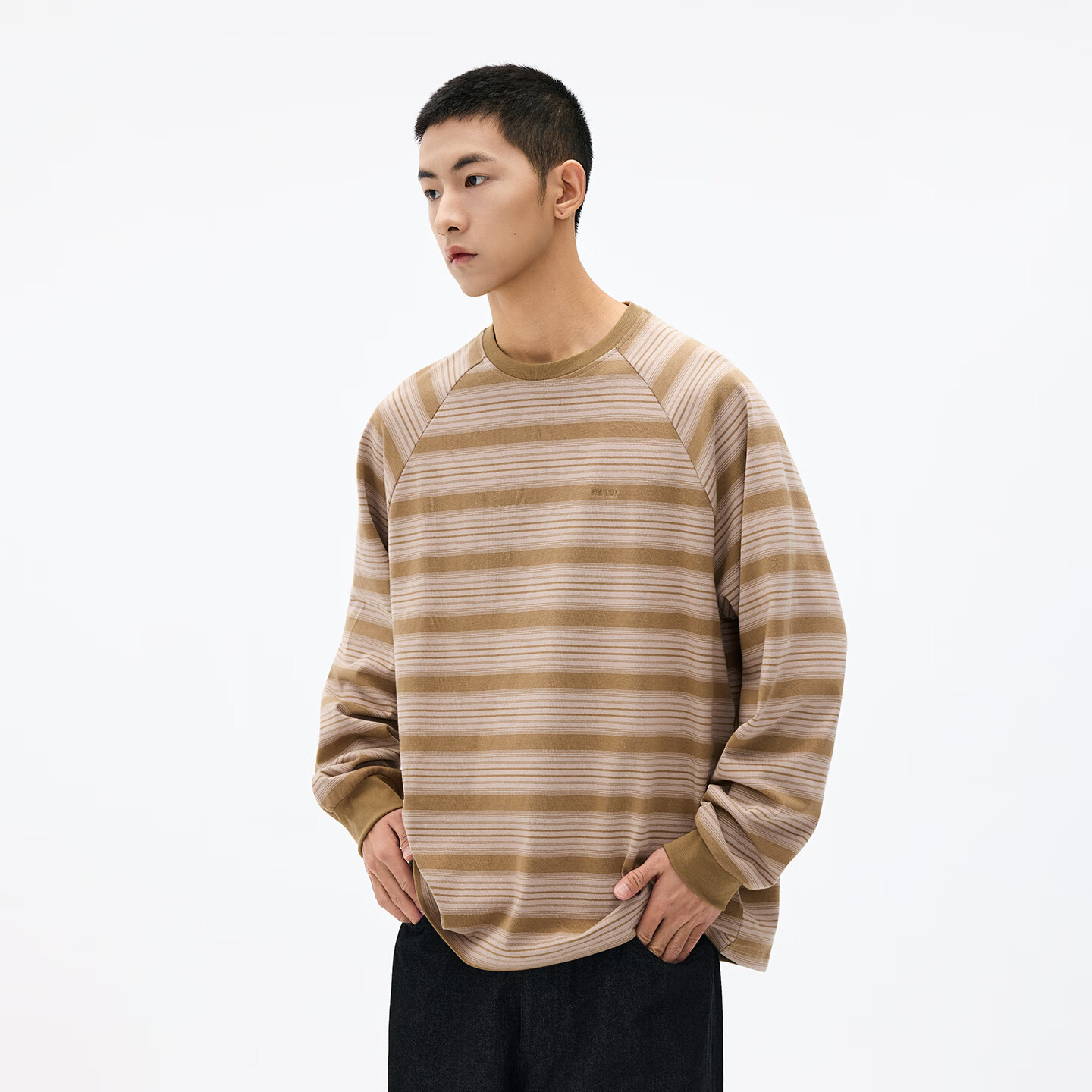 熊猫·本（ben.panda）纯棉撞色条纹圆领长袖T恤男款通勤宽松休闲上衣2026春季 卡其条纹 L