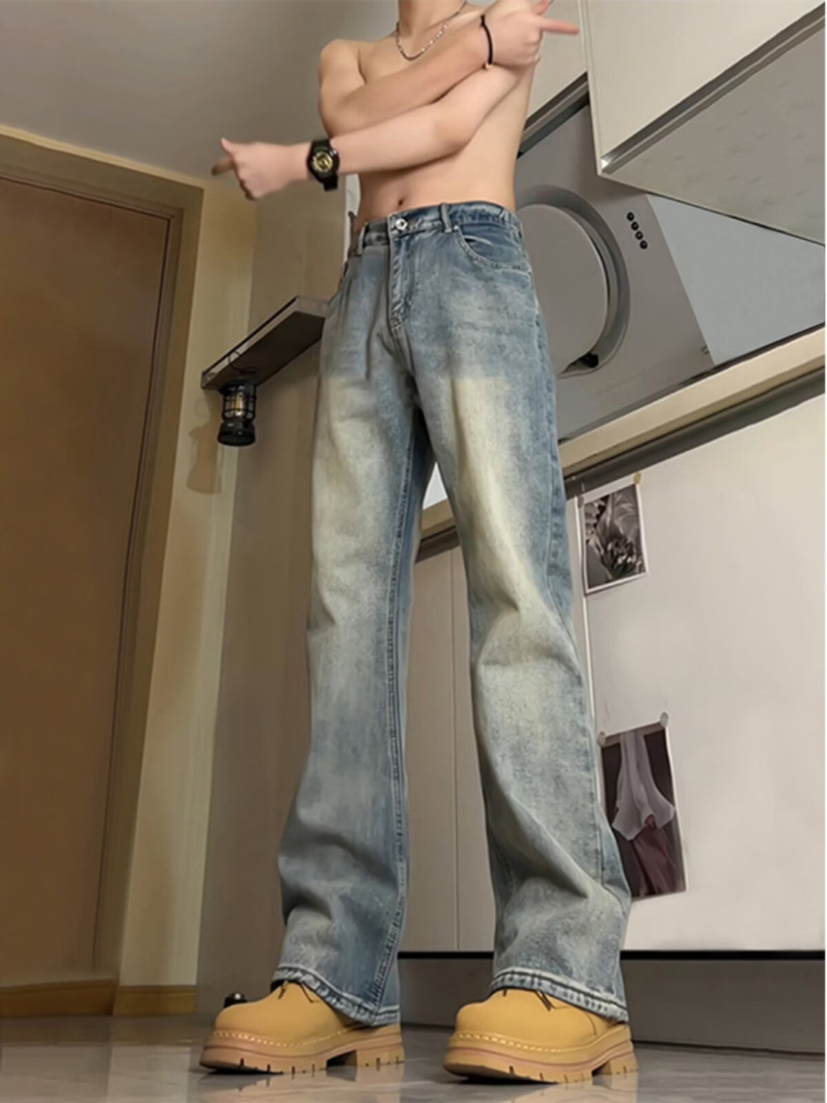 Shelley Jones复古蓝弯刀牛仔裤男春秋季直筒加绒裤子冬美式高街修身显瘦微喇裤 复古蓝常规 春秋款 XL [推荐120-140斤]