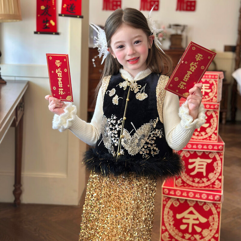 栀了成长记童装女童国风唐装上衣2025冬季儿童新中式拼色夹棉马甲 打底衫 100