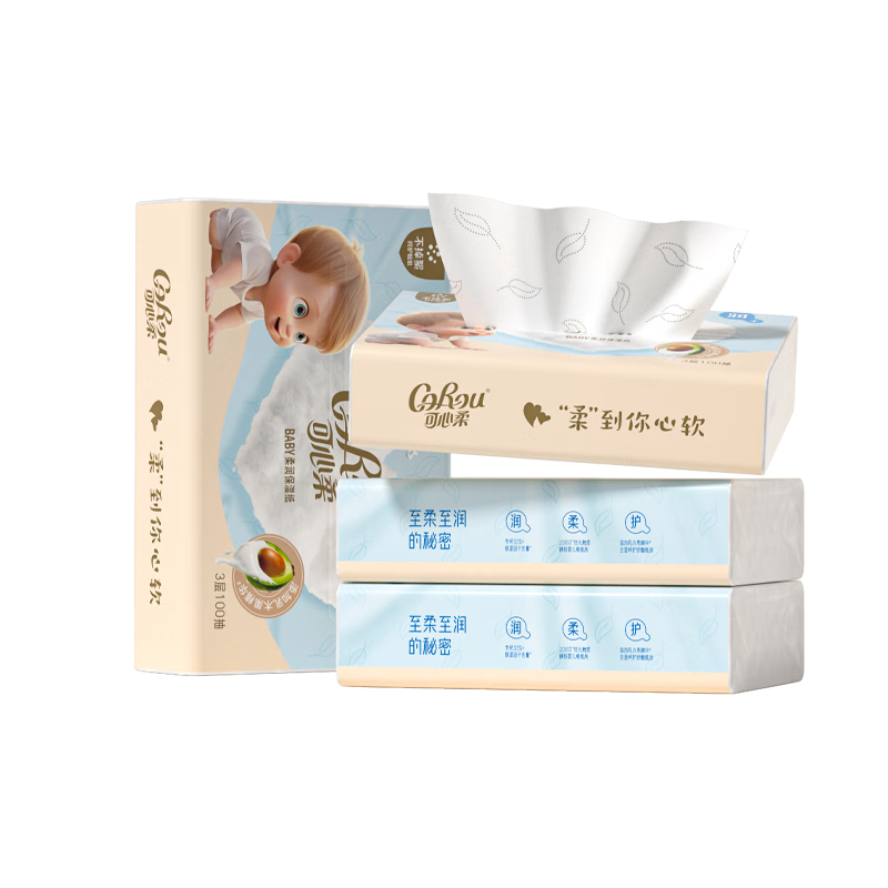 可心柔（COROU）V9婴儿纸巾云柔巾保湿乳霜纸纸巾小包抽纸 【乳木果云柔巾】 3层 100抽*4包 M码