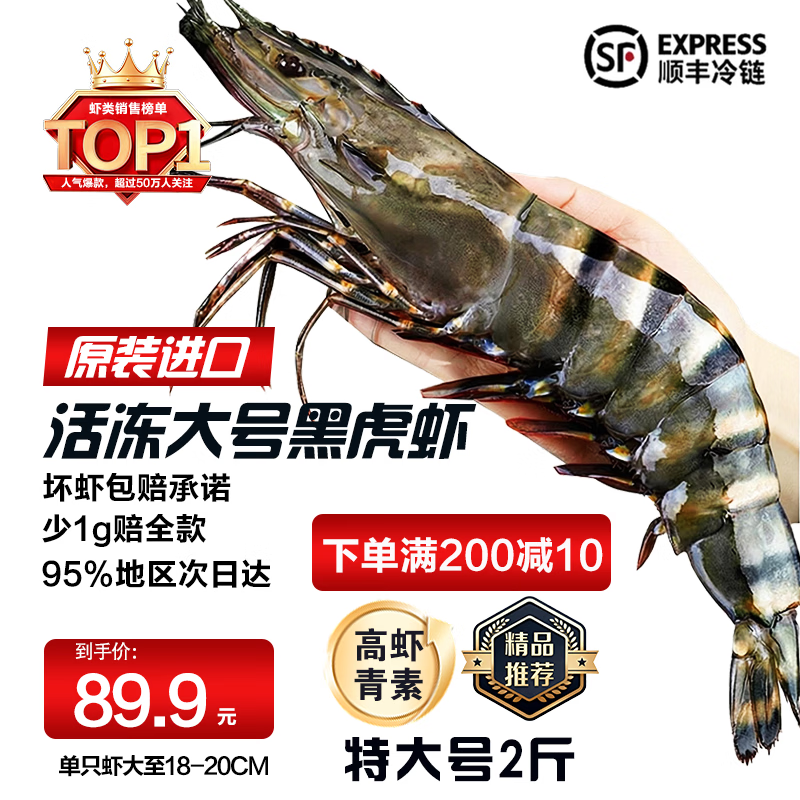 天纵良材进口巨型黑虎虾 活冻大虾老虎虾斑节虾对虾 年货礼品 生鲜海虾 特大16-20只 1.8斤(净重)  18-20CM