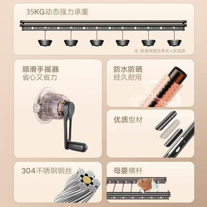 好太太京选晾衣架升降手摇可折叠晒衣架手动阳台室内伸缩晾衣杆 2.0米白色四杆 商家包安装