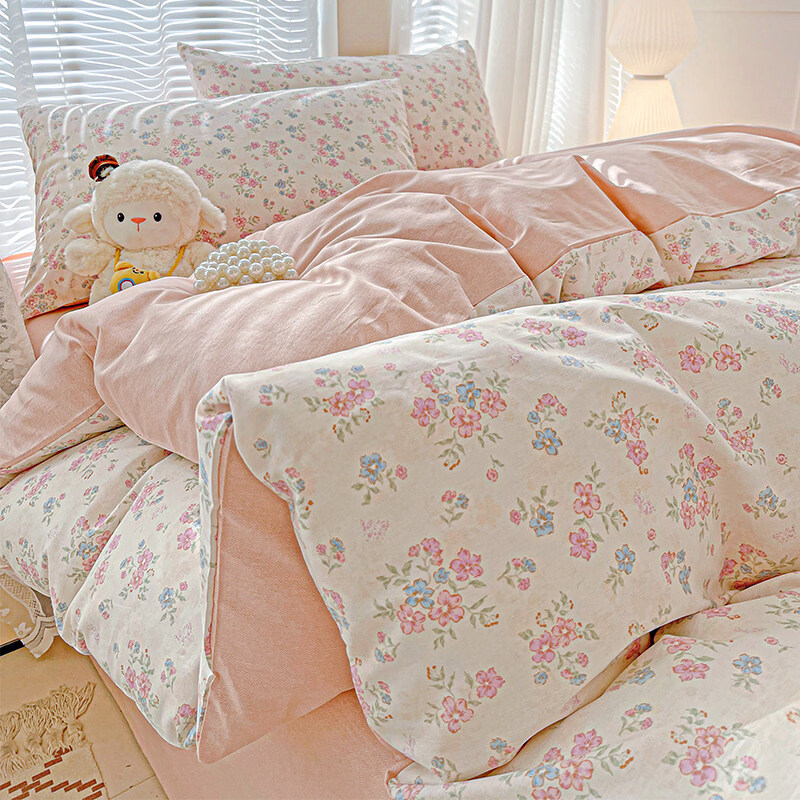 苏萱小清新蝴蝶碎花全棉床上四件套纯棉1.5m1.8米被套床单宿舍三件套4 粉絮花町 2.0m 床单款 四件套-被套220x240cm
