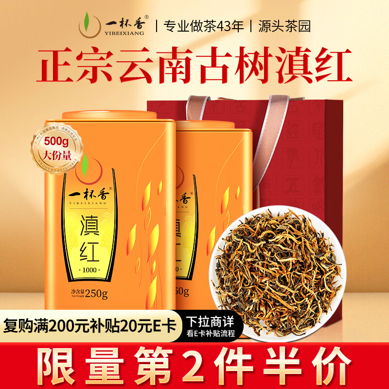 一杯香茶叶红茶云南古树滇红金芽金丝500g2025新茶年货礼盒装自己喝散装