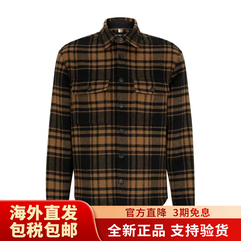 BOSS男士襯衫保暖耐用格紋混紡戶外日常襯衣休閑 Beige 均碼 |XXL