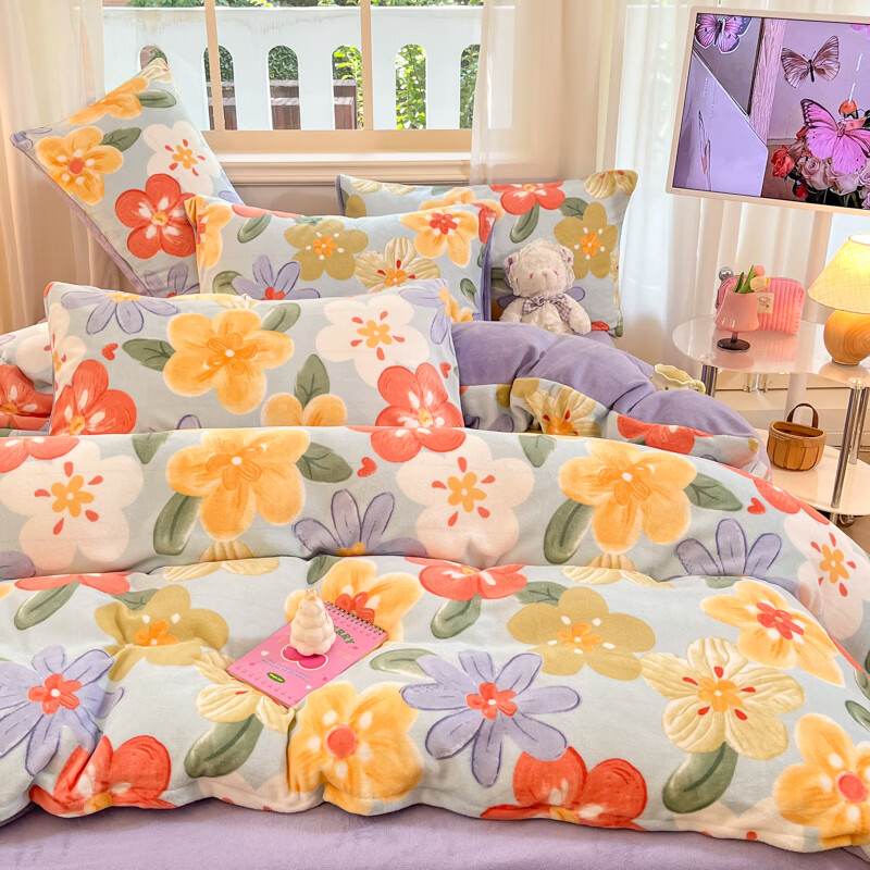 雅鹿冬季亲肤透气牛奶绒印花四件套 绚烂 1.8m四件套 床笠款 （被套200*230cm）