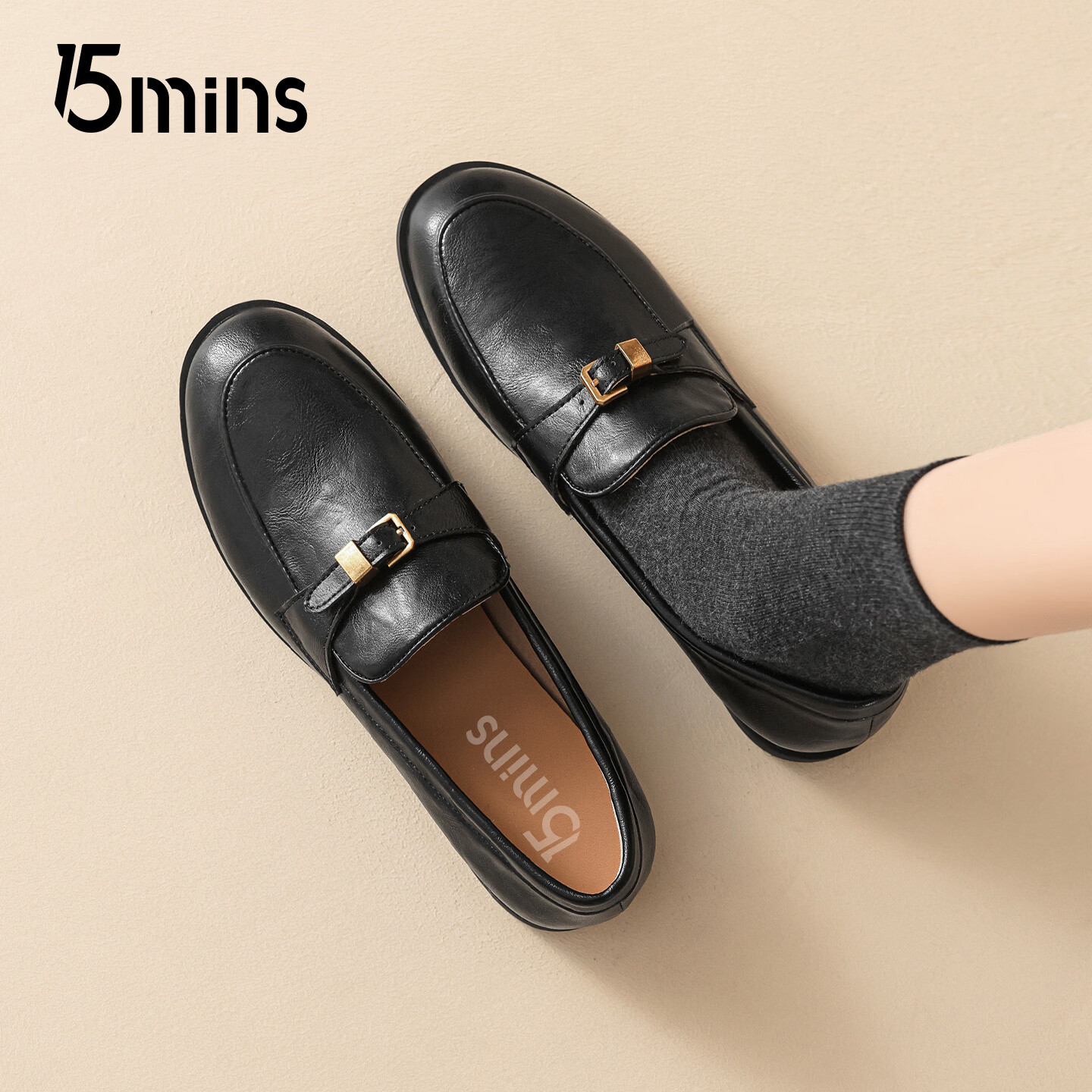 15MINS乐福鞋女2026春季新款圆头复古百搭英伦风通勤小皮鞋女配裙子单鞋 黑色 36