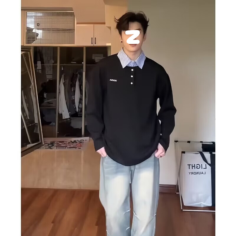 POUM男装2025新款假两件针织衫秋冬季衬衫男休闲衬衣情侣长袖外套 LYZXF-C12灰色 XL 【建议120-140斤】