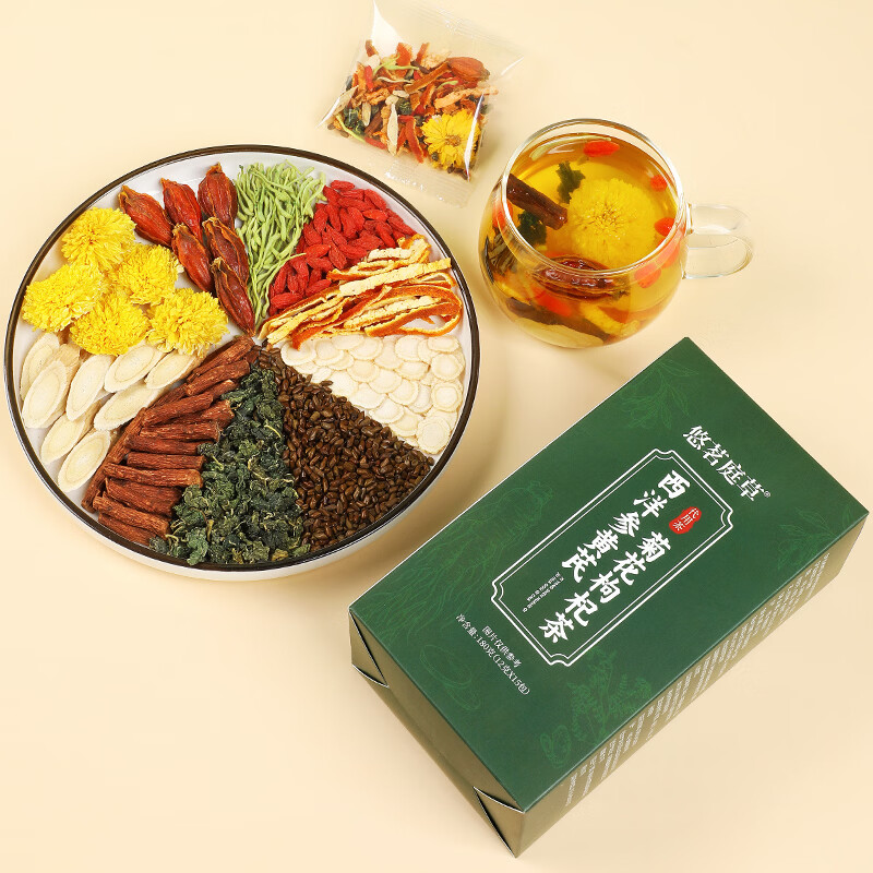 悠茗庭草西洋参黄芪菊花枸杞茶独立茶包决明子金银花熬夜养生茶盒装180g 西洋参黄芪菊花枸杞茶 180g*1盒 -12g*15包