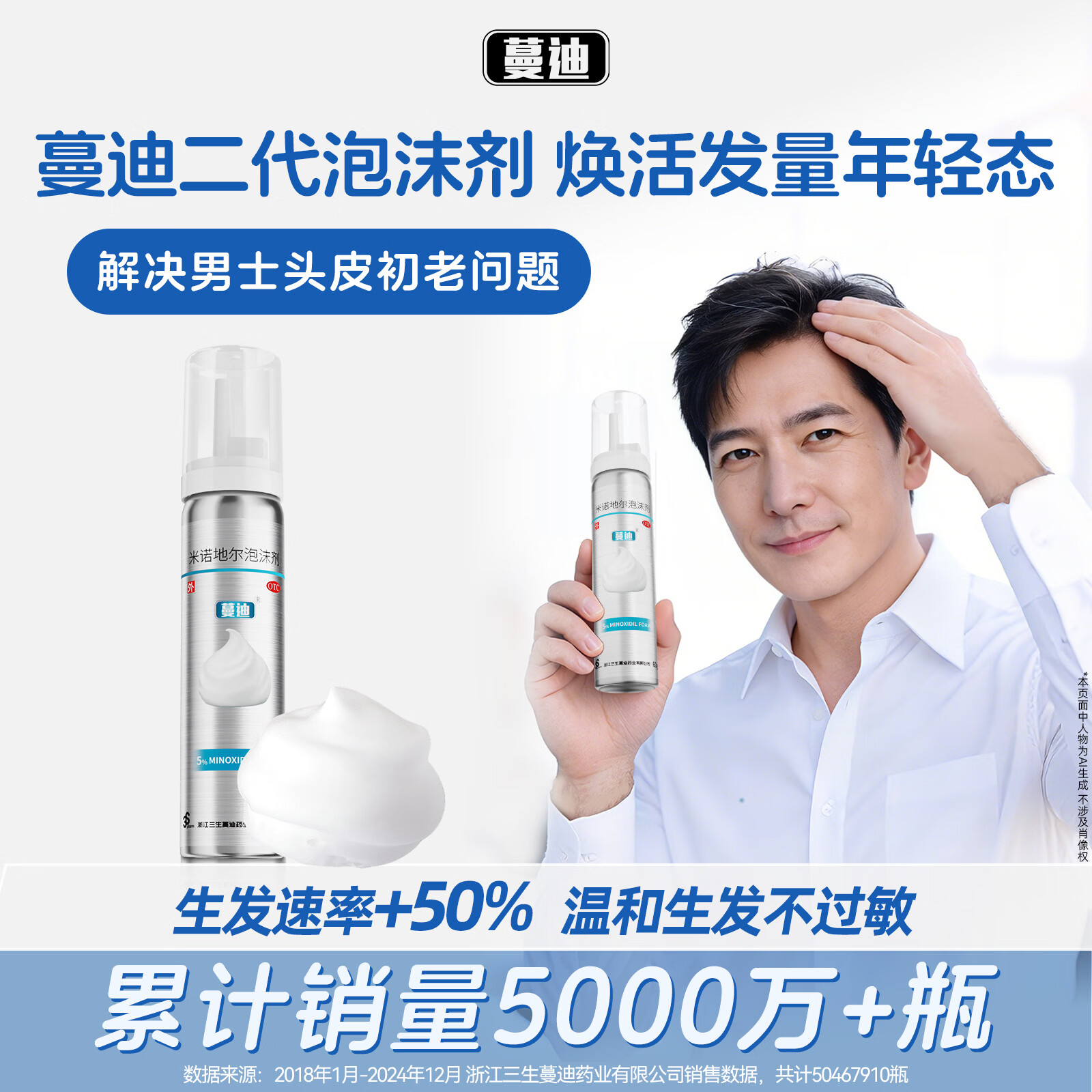 蔓迪第二代米诺地尔生发泡沫剂60g（倍速生发 温和不起痘）防脱育发增发液5%浓度酊搽剂