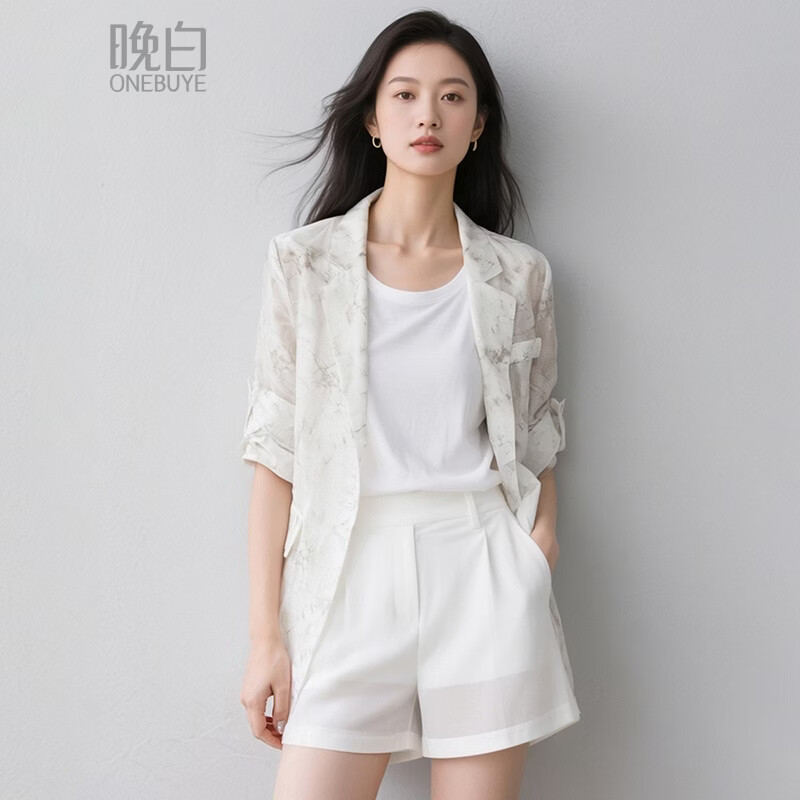 晚白【新品】2026年春款时尚气质上衣休闲大码莱赛尔印花轻薄西装女 花色 S