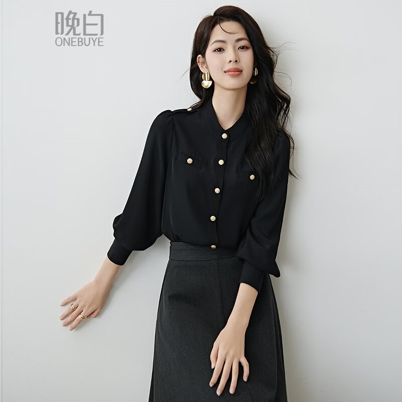 晚白【新品】2026春款气质小立领正肩上衣垂顺利落千金风小香衬衫女 黑色 M