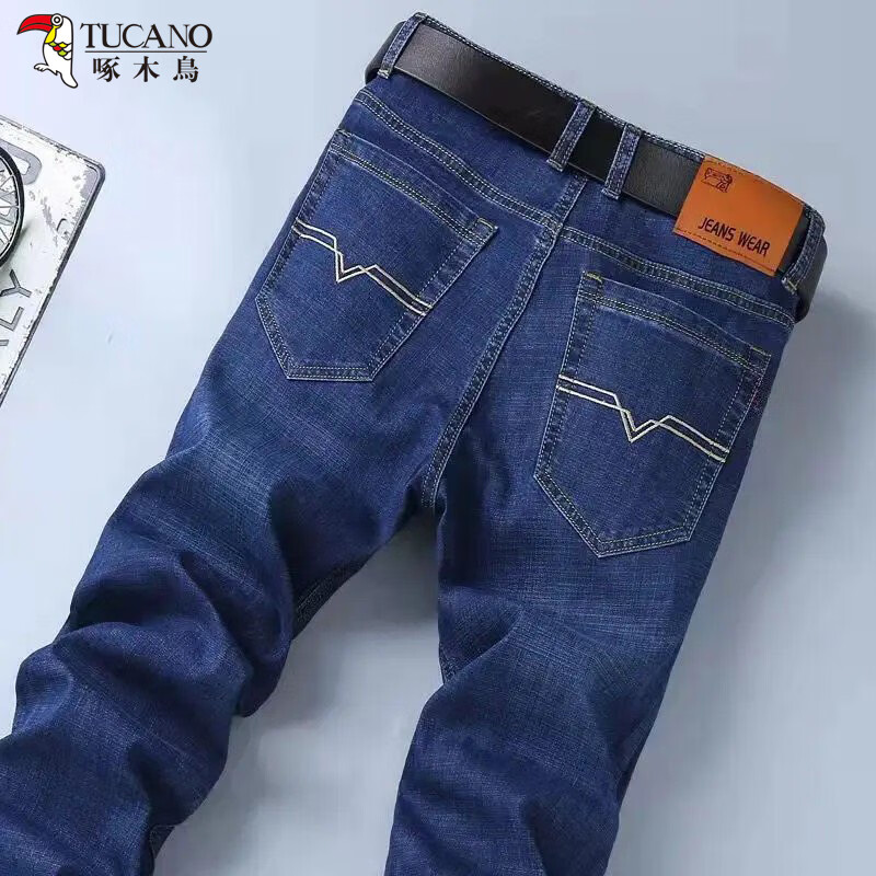 啄木鸟秋冬款牛仔裤男宽松直筒加肥加大码高腰厚款中年工作弹力肥佬长裤 蓝色 28