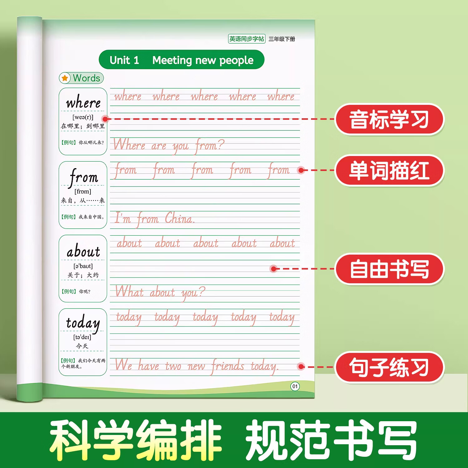 汉状元三年级英语字帖人教版PEP教材同步四五六年级英语练字帖小学生国标体上下册英文字母练字本描红本 四年级下册英语字帖（送默写本）