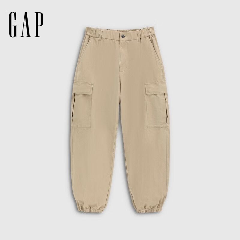 盖璞Gap男装2026春季新款工装口袋松紧腰休闲宽松直筒束脚长裤854017 卡其色 S (165/76A)亚洲尺码