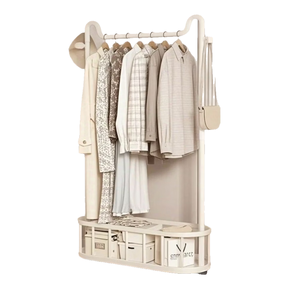 落地衣架挂衣架立式移动带轮租房客厅宿舍置物晾衣架室内衣帽架 奶油白 单杆60猫耳网篮-送滚轮 ML-60B