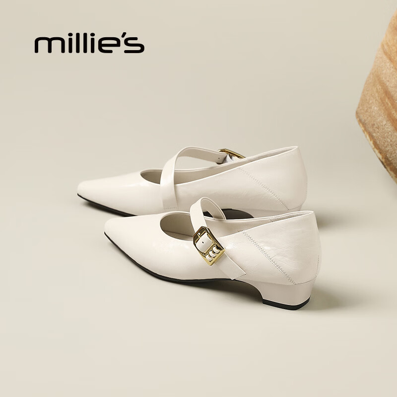 妙丽（Millies）玛丽珍鞋女粗跟时尚浅口潮流气质2026春季新款百搭配裙子单鞋 米色 36 (230mm) 标准码