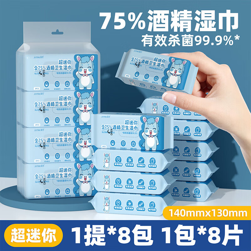 简禾(jianhe)75%酒精湿巾 大号酒精棉片 便携小包装迷你湿巾纸提装 便携式消毒湿巾-母婴可用-小马款 8抽 16包 京东折扣/优惠券
