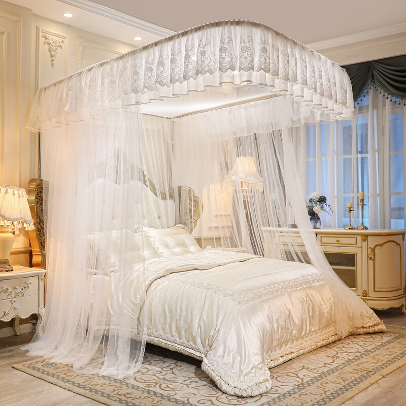 慕雨茜导轨蚊帐家用u型轨道纹账三开门伸缩床幔加密加厚卧室落地帐子