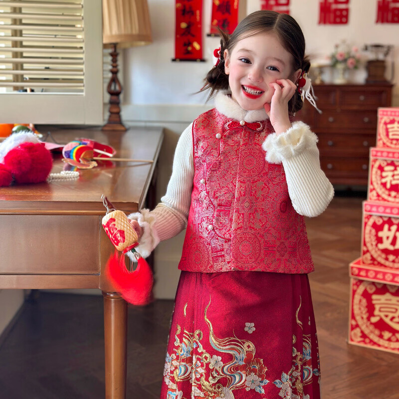 栀了成长记女童装新年国风毛绒立领马甲2025冬季撞色夹棉唐装上衣 红色 马甲 100