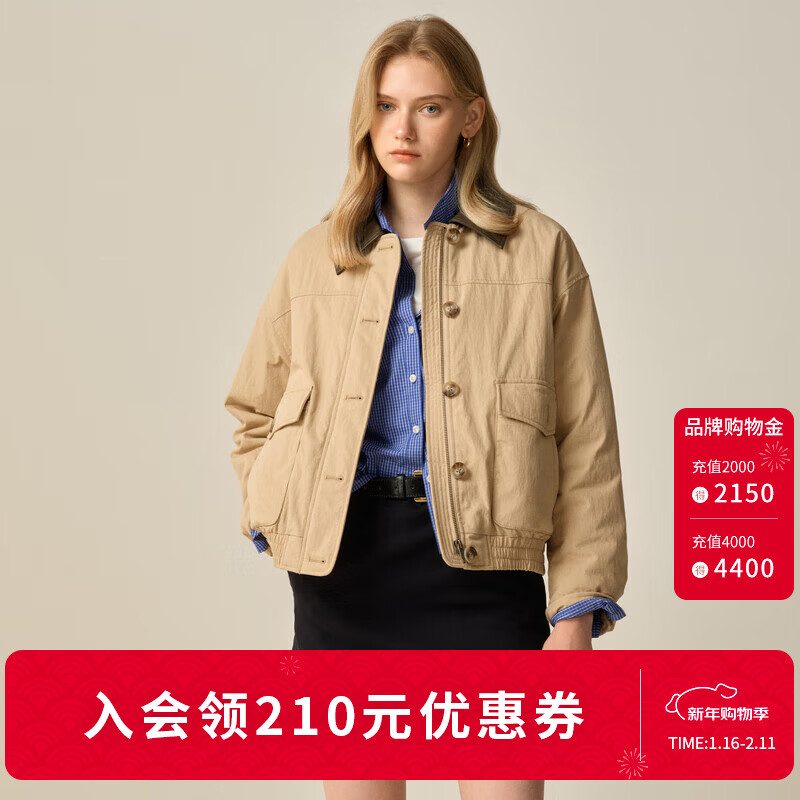 ELAND衣恋棉服女复古军工风短款翻领保暖外套2025冬季新款 卡其色(35)Beige S /160