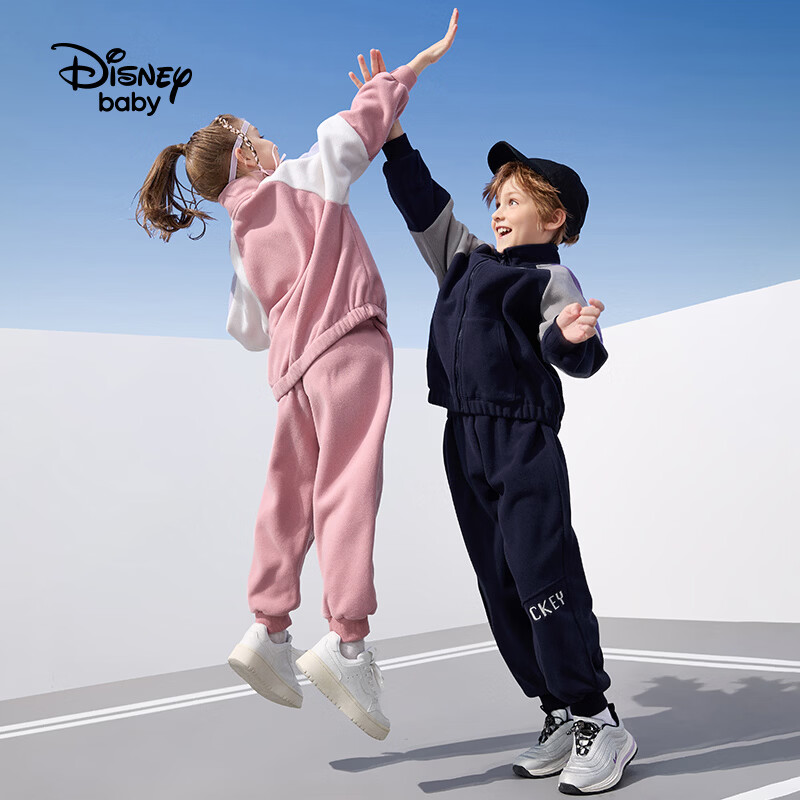 迪士尼（Disney）童装男女童长袖套装摇粒绒外套裤子套装2026秋冬装儿童保暖两件套 藏青色-男童 160  高155-160cm重85-100斤
