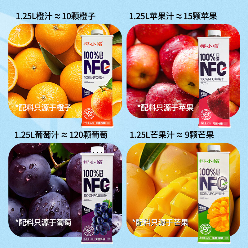 椰小帽新年礼盒NFC果汁1.25L*4瓶过年聚会宴请果汁饮料必备饮料 1.25L果汁四种口味果汁礼盒