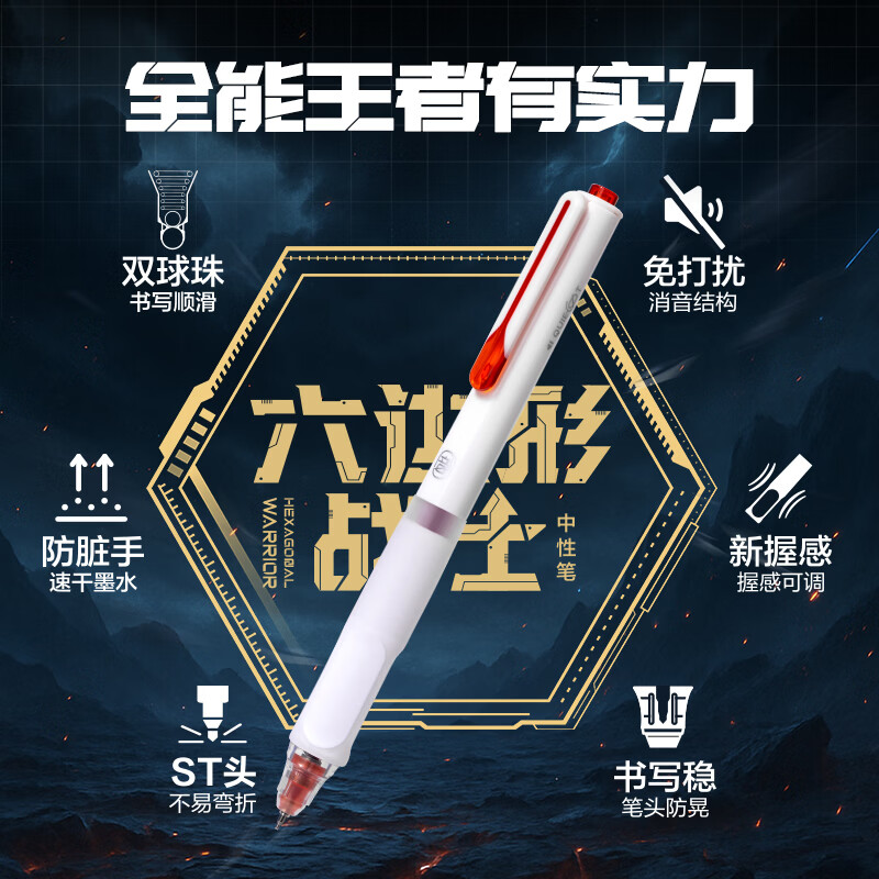 得力【六边形战士】消音式静音按动直液笔速干按动式直液式走珠笔大容量中性笔双球珠ST头黑笔水笔软胶 【5支/盒】消音按动速干直液-书写红色