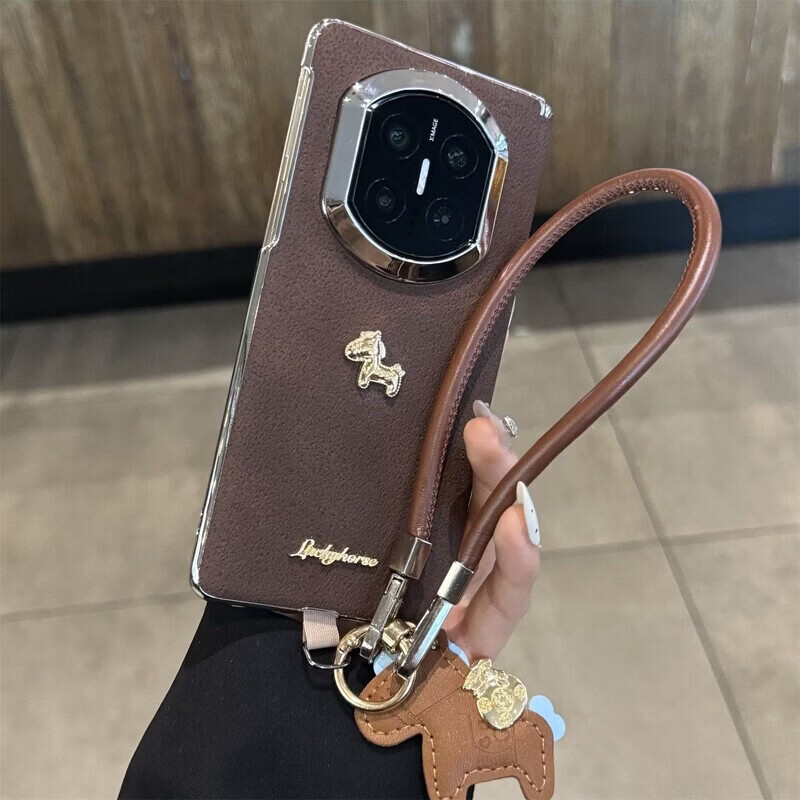 适用华为matex7手机壳超薄女士秋冬棕色X6典藏版电镀防摔保护套matex5折叠屏马年新款带挂绳X3外壳 单边中轴-棕色-立体金马 OPPO Find N5