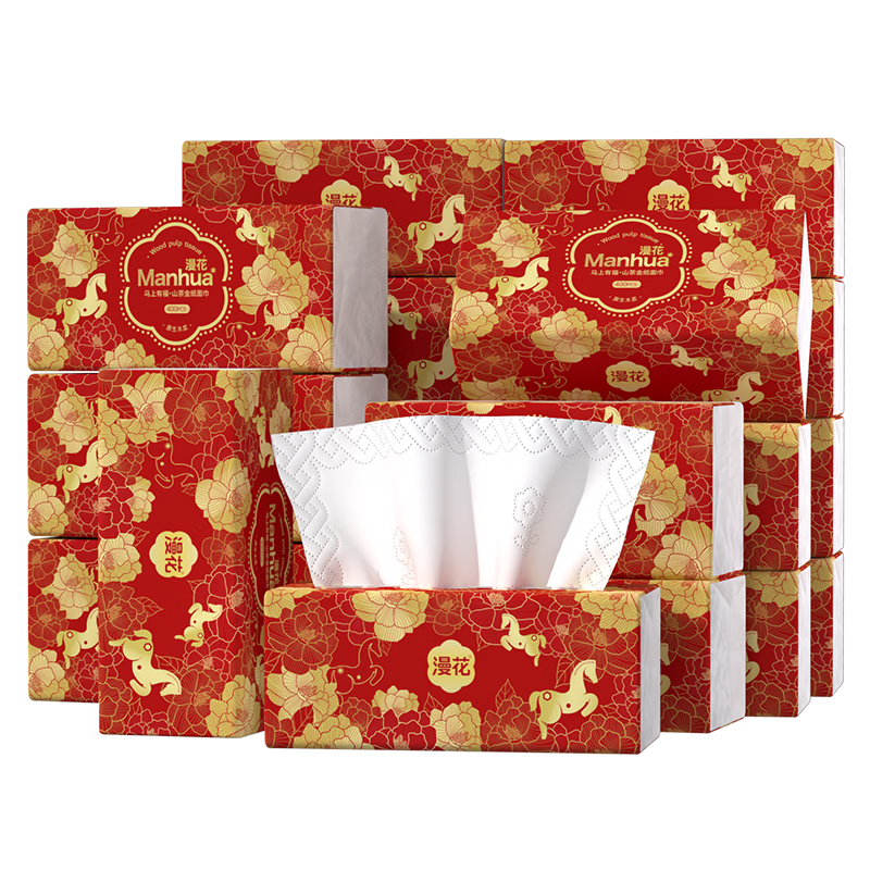 漫花新年款大包纸巾抽纸400张家用面巾纸加厚加大餐巾纸实惠装 【山茶金系列】 5层 400张*18包