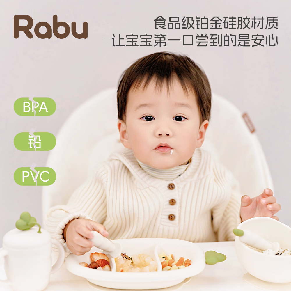 RABU食品级硅胶儿童餐具套装宝宝安全无毒防摔碗盘叉勺水杯吸盘碗 萝饱饱牙胶套装